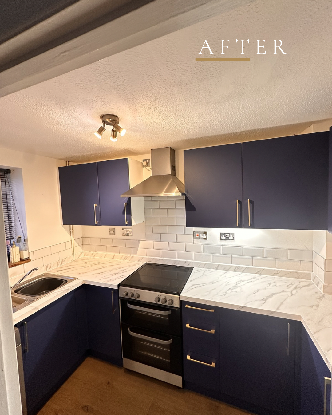 After — royal blue vinyl wrap with marble countertops